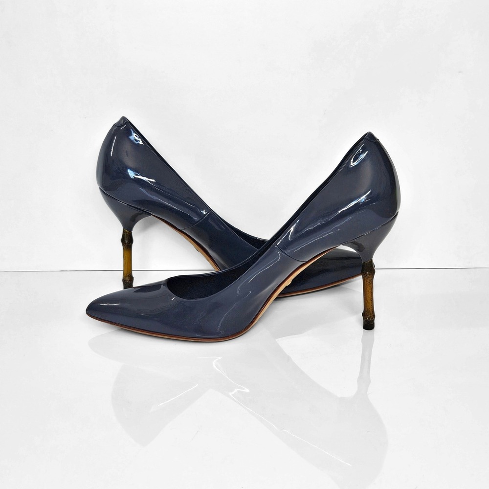 Gucci Kristen Navy Blue Patent Leather Pointed Toe Bamboo Heelβ Pumps Size 39.5
